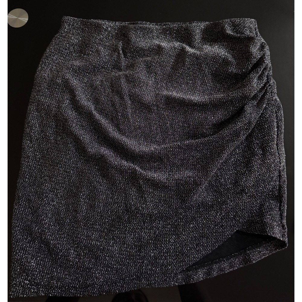 Oak + Fort Black Metallic Lurex Ruched Asymmetrical Hem Mini Skirt S X2